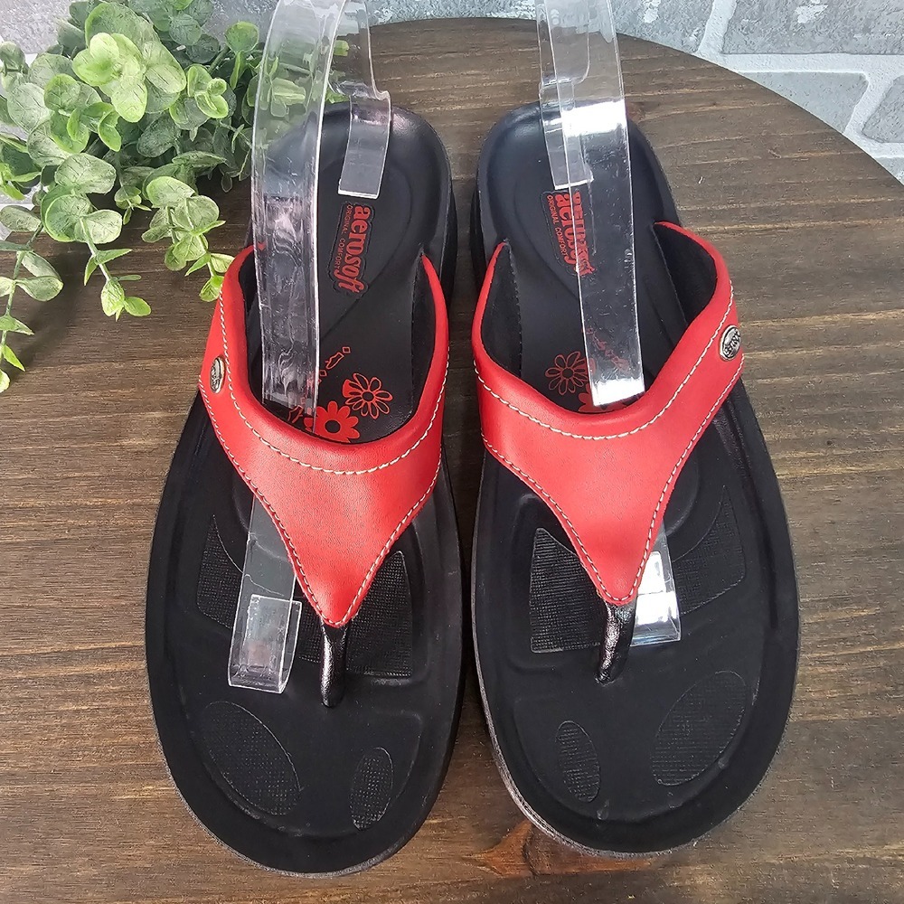 Aerosoft Zues Sandals Women's 41 US 10 Red Black Thongs Arch Support Comfort‎